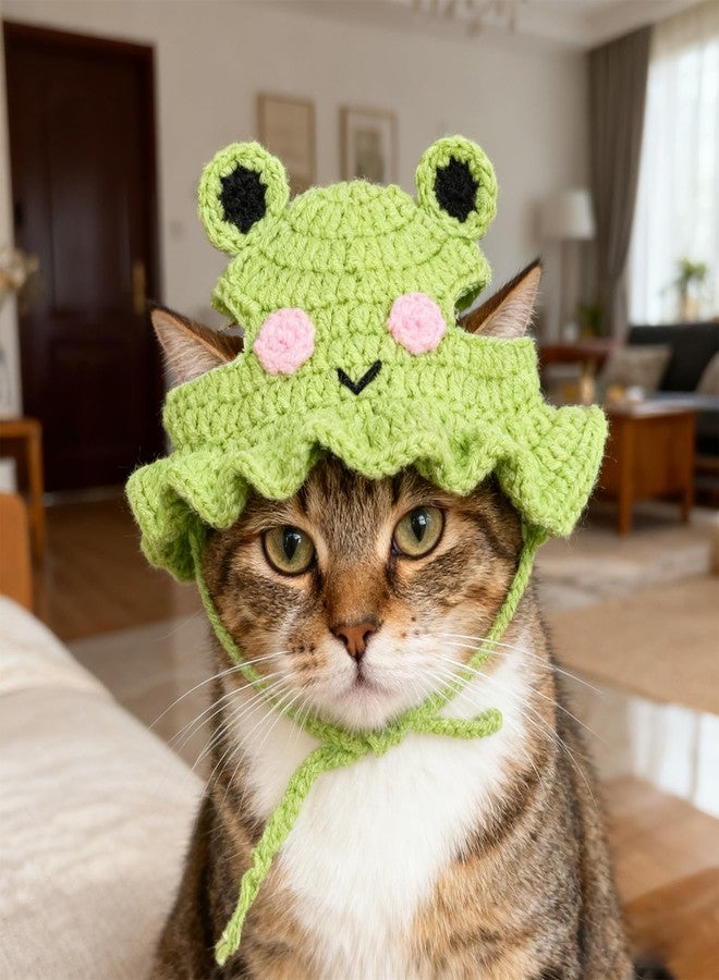 Zelphvt 1 PCS Cat Hat Cute Frog Shape Pet Cap Frog & Flower Cats Hat Cotton & Soft Cute Knitted Cats Hats Cutes Knitted Cat Costume for Small Pets (Green, M) - Image 4